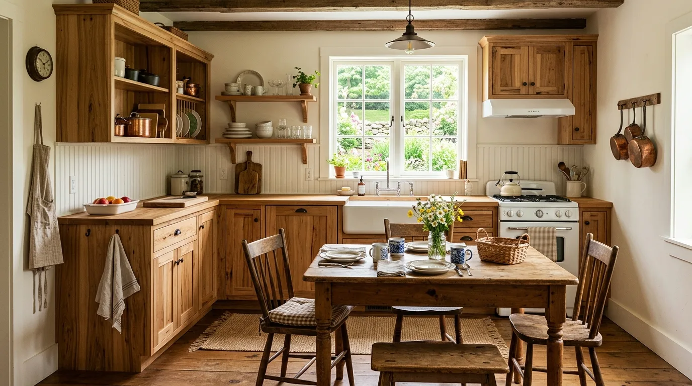 Warm lighting highlighting the depth of hickory kitchen cabinets.