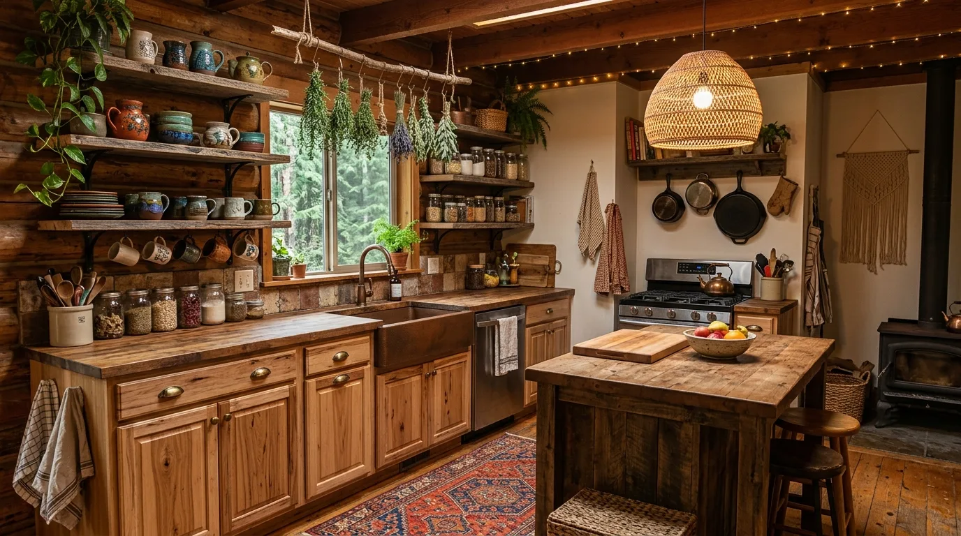 Simple decor letting hickory cabinets stand out in a country kitchen.