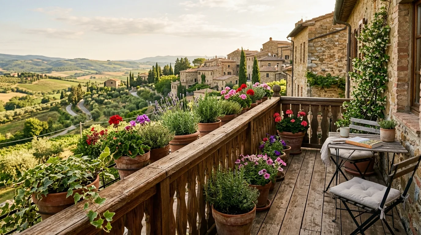 Rustic wooden balcony railing adding a natural touch to an outdoor apartment space.