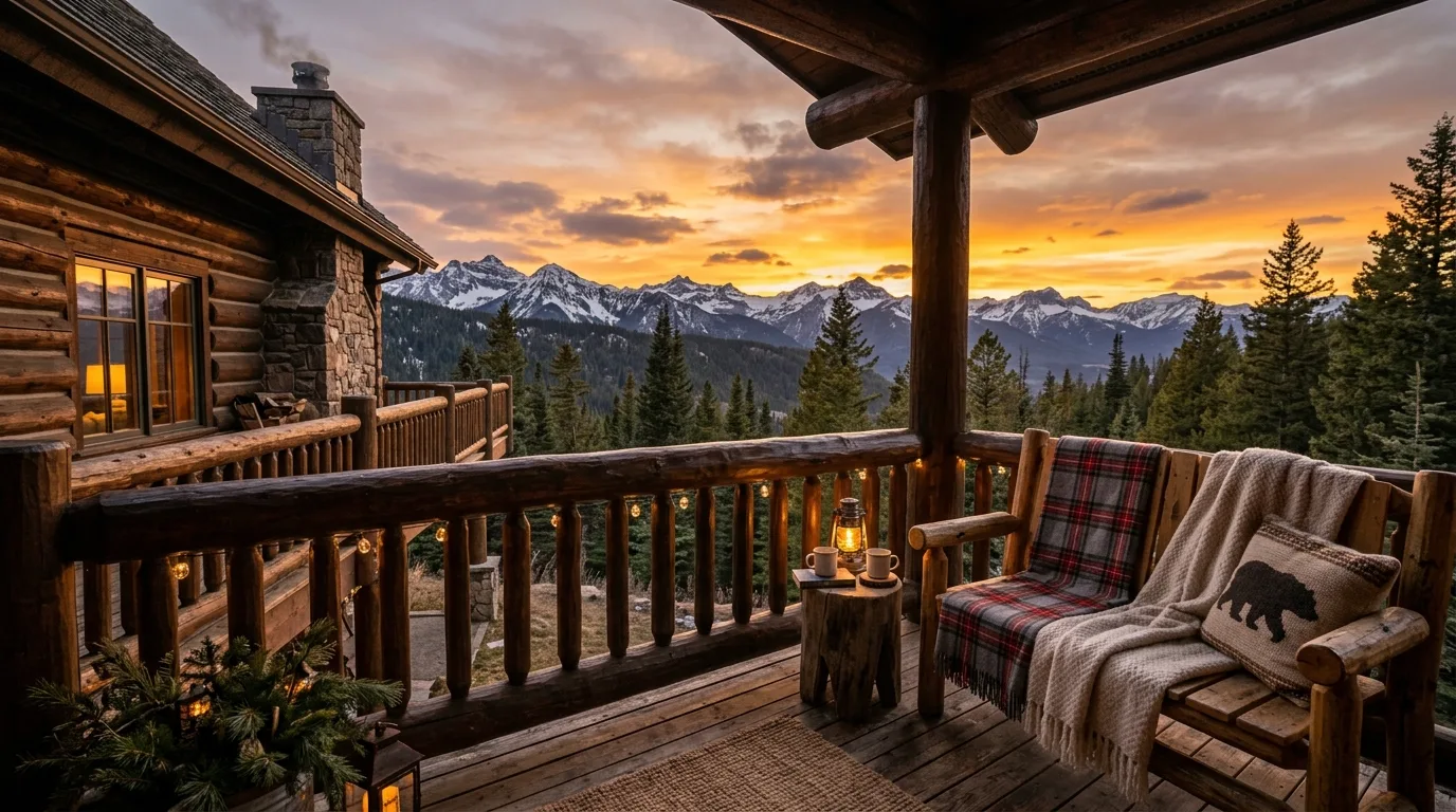 Rustic wooden balcony railing paired with black hardware.