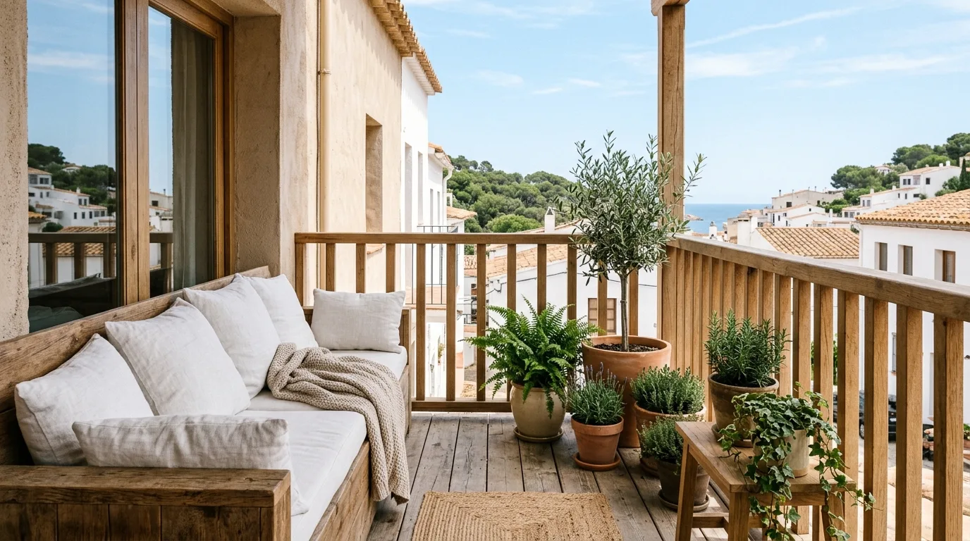 Warm walnut and cedar toned wooden railing on a rustic balcony.
