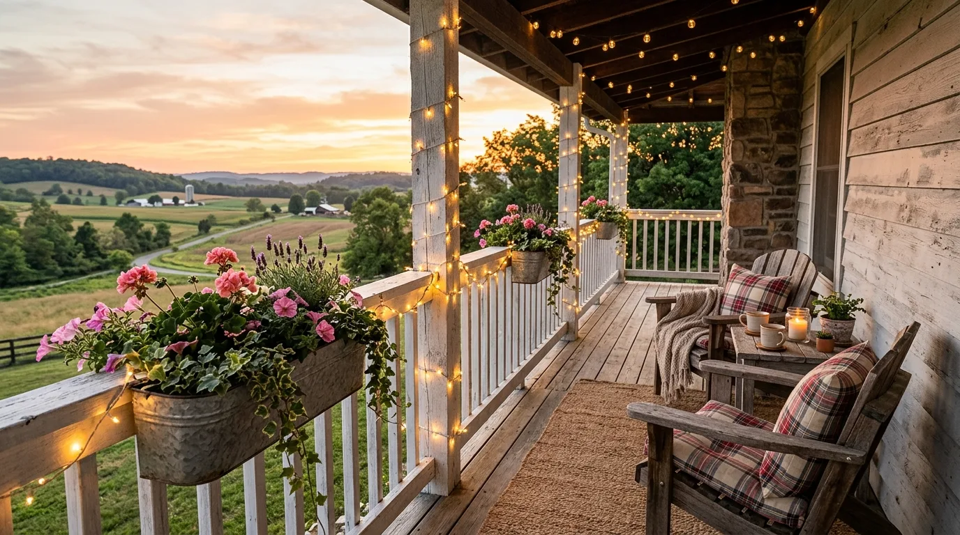 Horizontal slat wooden railing creating simple rustic balcony structure.