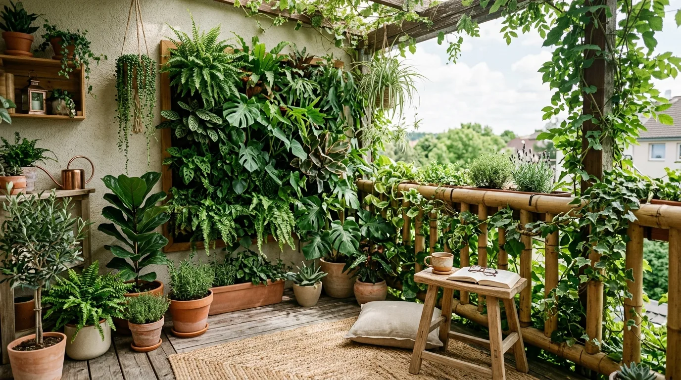 Planter boxes attached to a rustic wooden balcony railing.