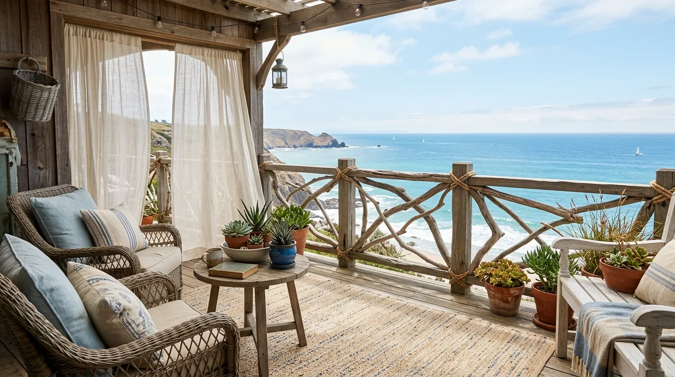 Slightly imperfect wooden balcony railing with rustic handcrafted appeal.