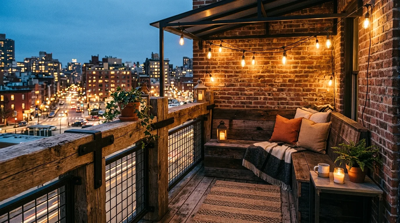 Rustic wooden railing paired with stone and brick textures on a balcony.