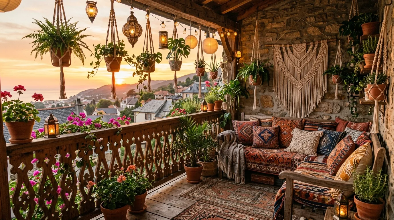 Soft balcony lighting glowing against a rustic wooden railing.