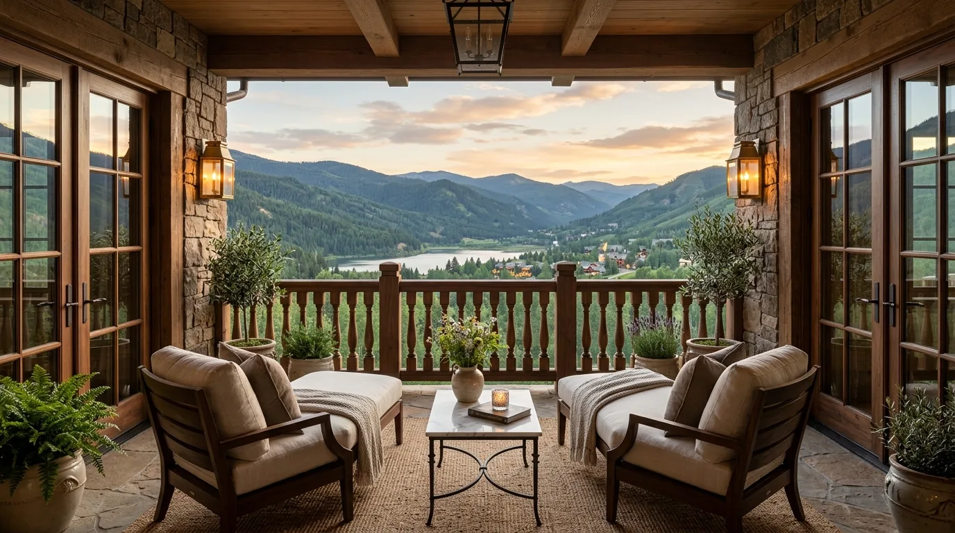 Rustic wooden balcony railing making the space feel naturally welcoming.