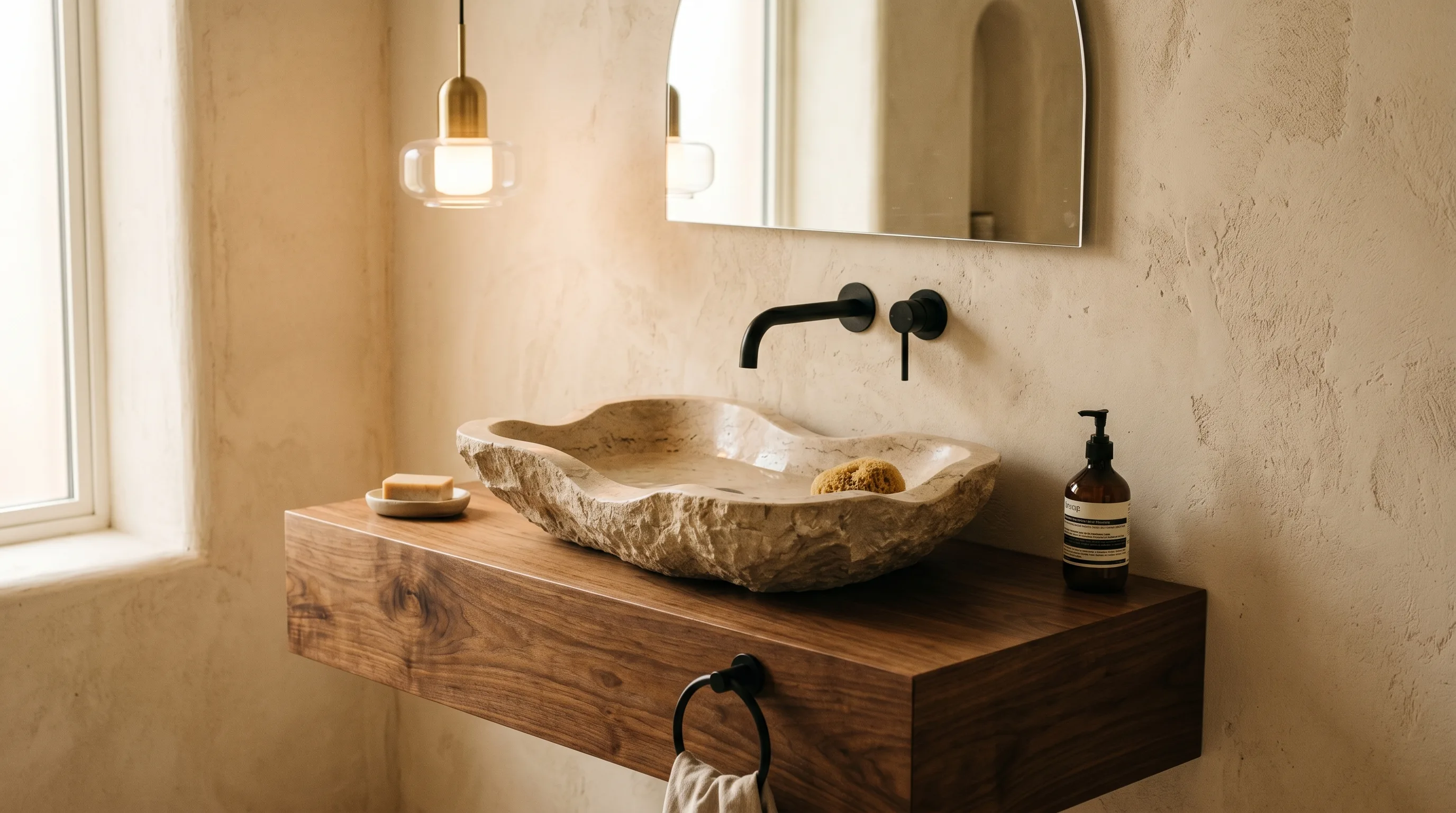 Sculptural stone basin adding artisan appeal to a bathroom.