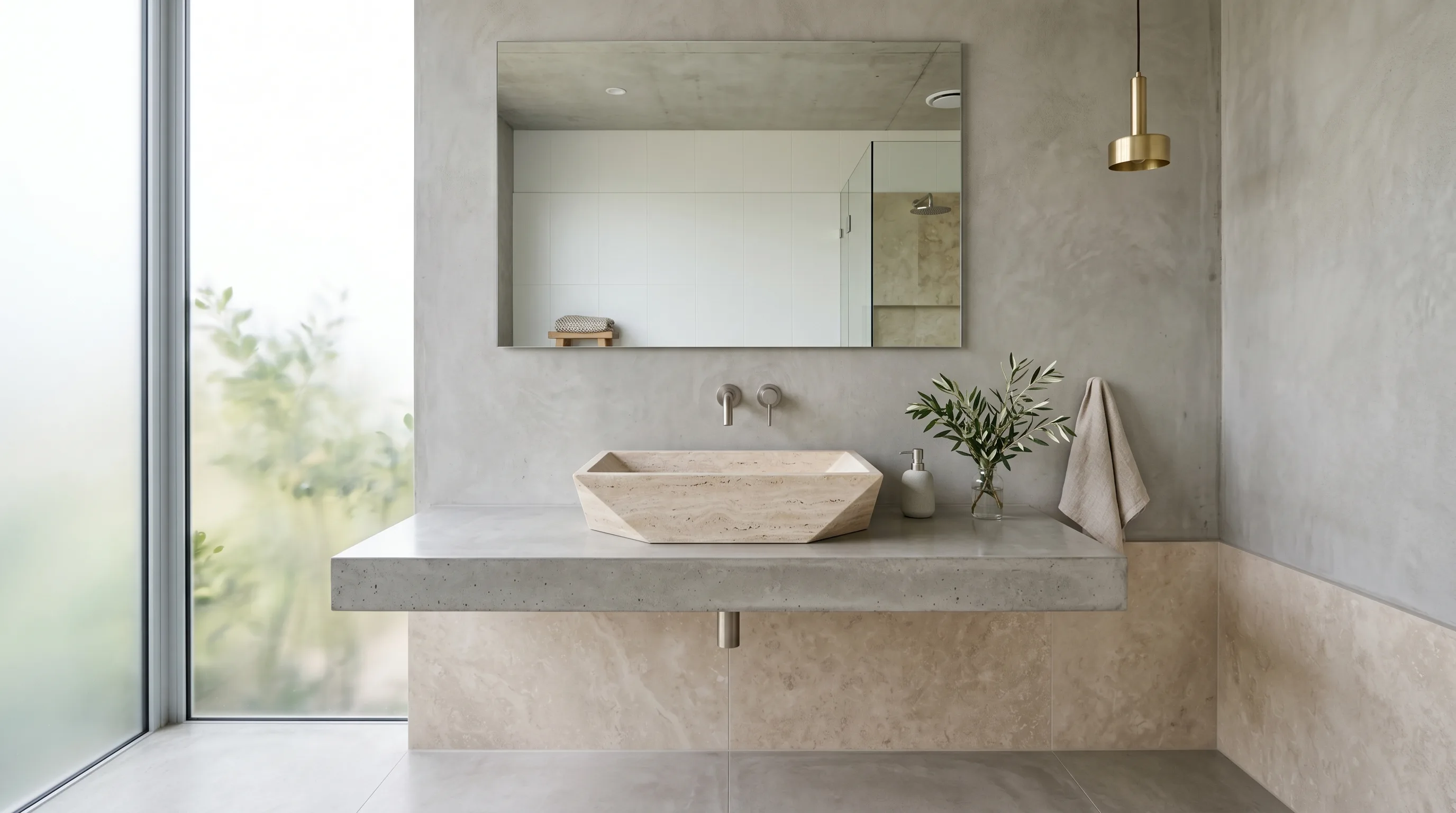Sculptural stone basin serving as the star of the vanity.
