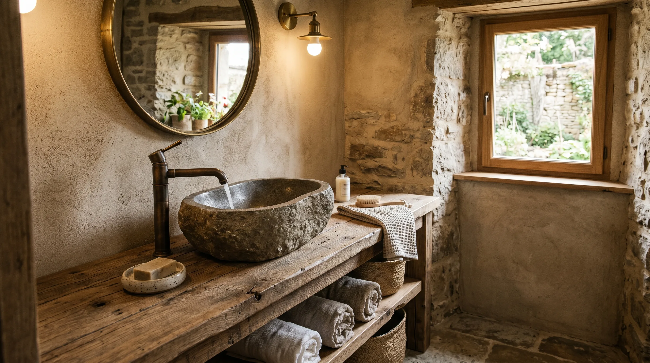 Warm timber paired with a sculptural stone basin.