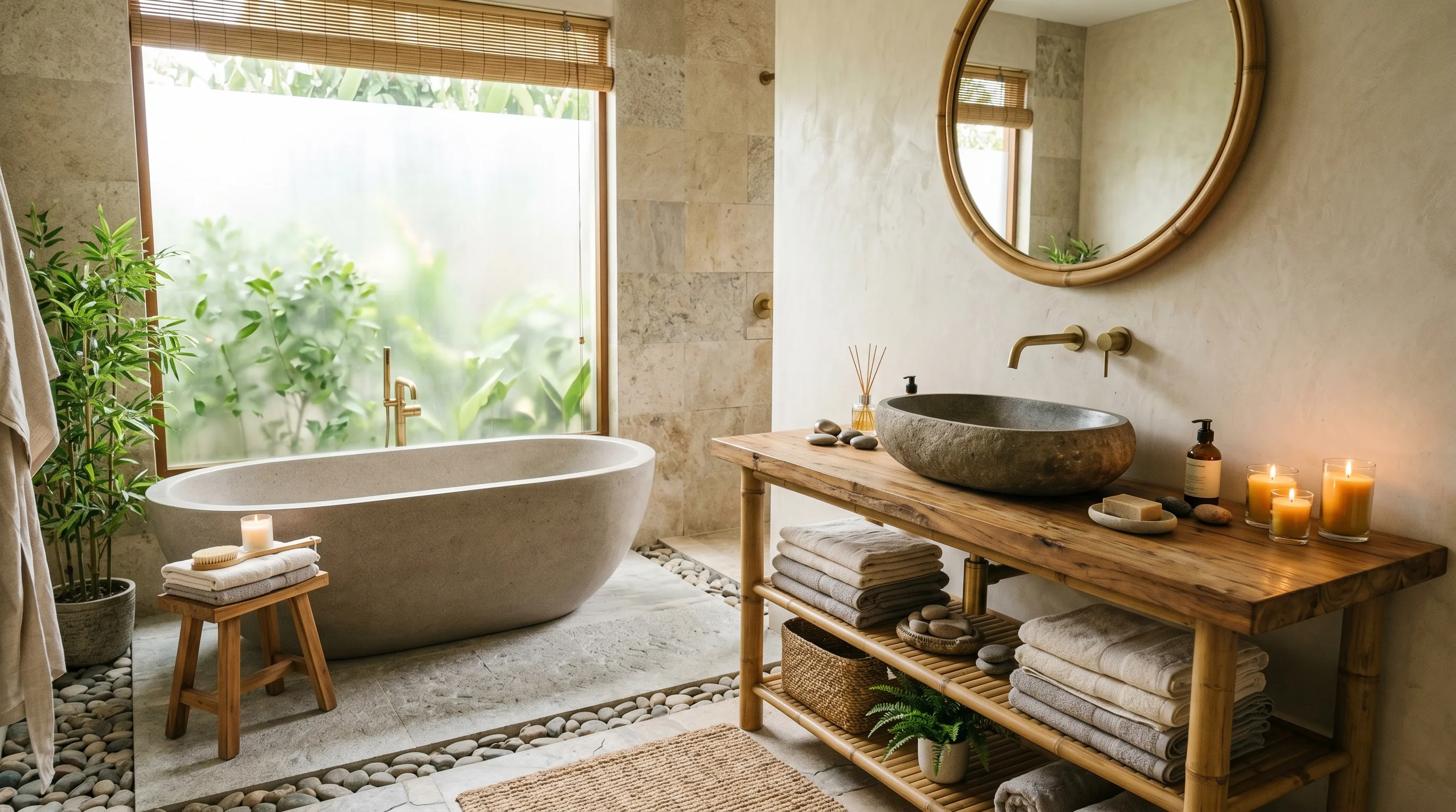 Raw-edge stone basin bringing artisan character.