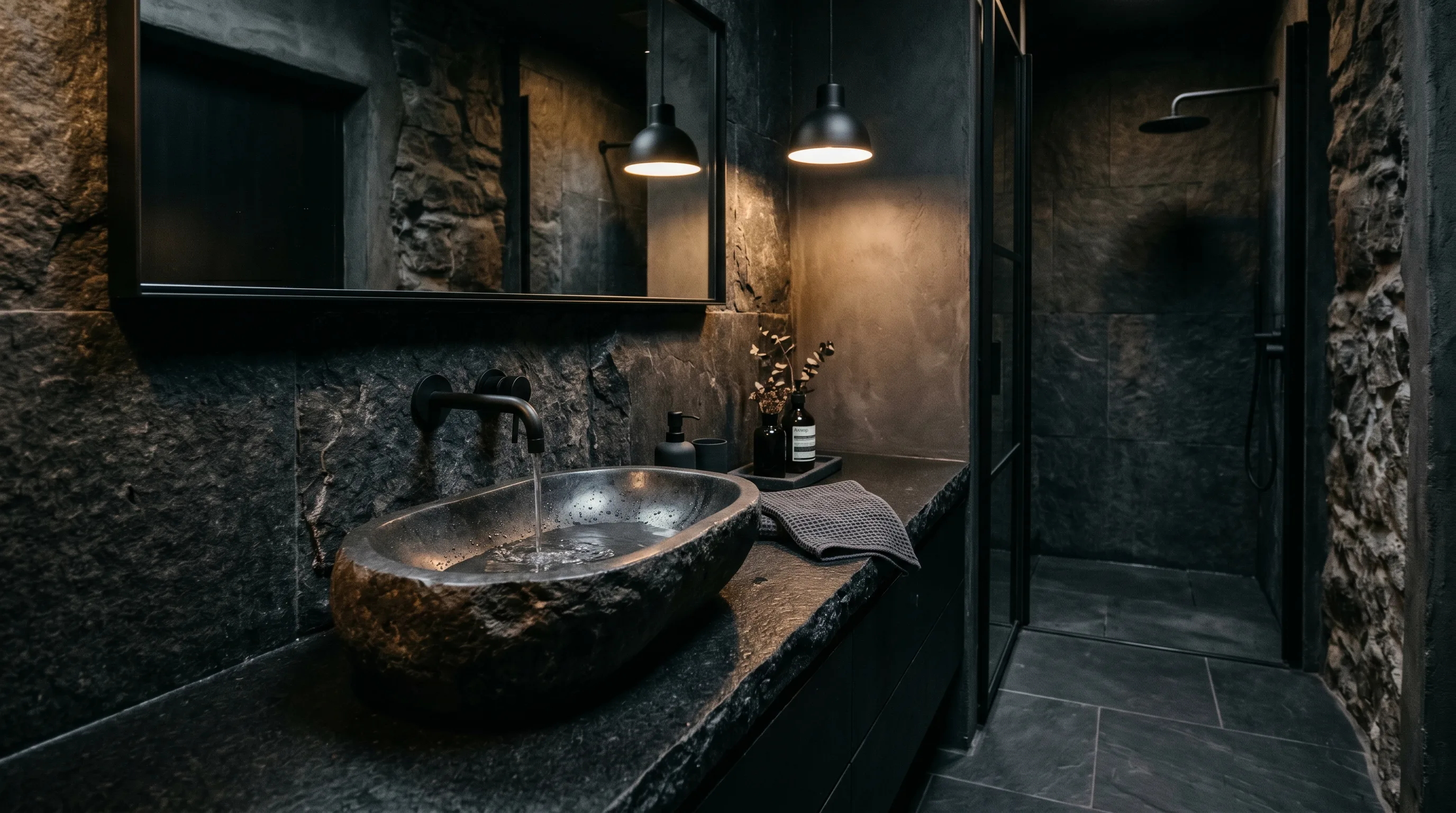 Simple wall finish behind a sculptural stone basin.