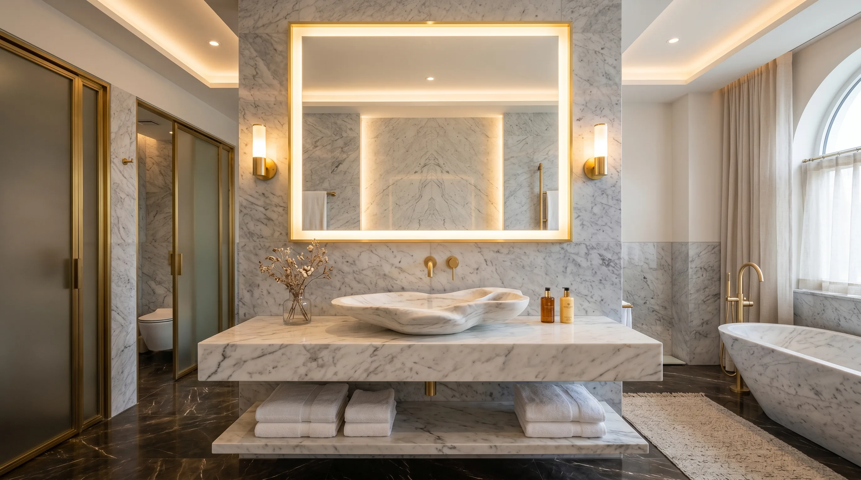 Minimal counter decor around a sculptural stone basin.
