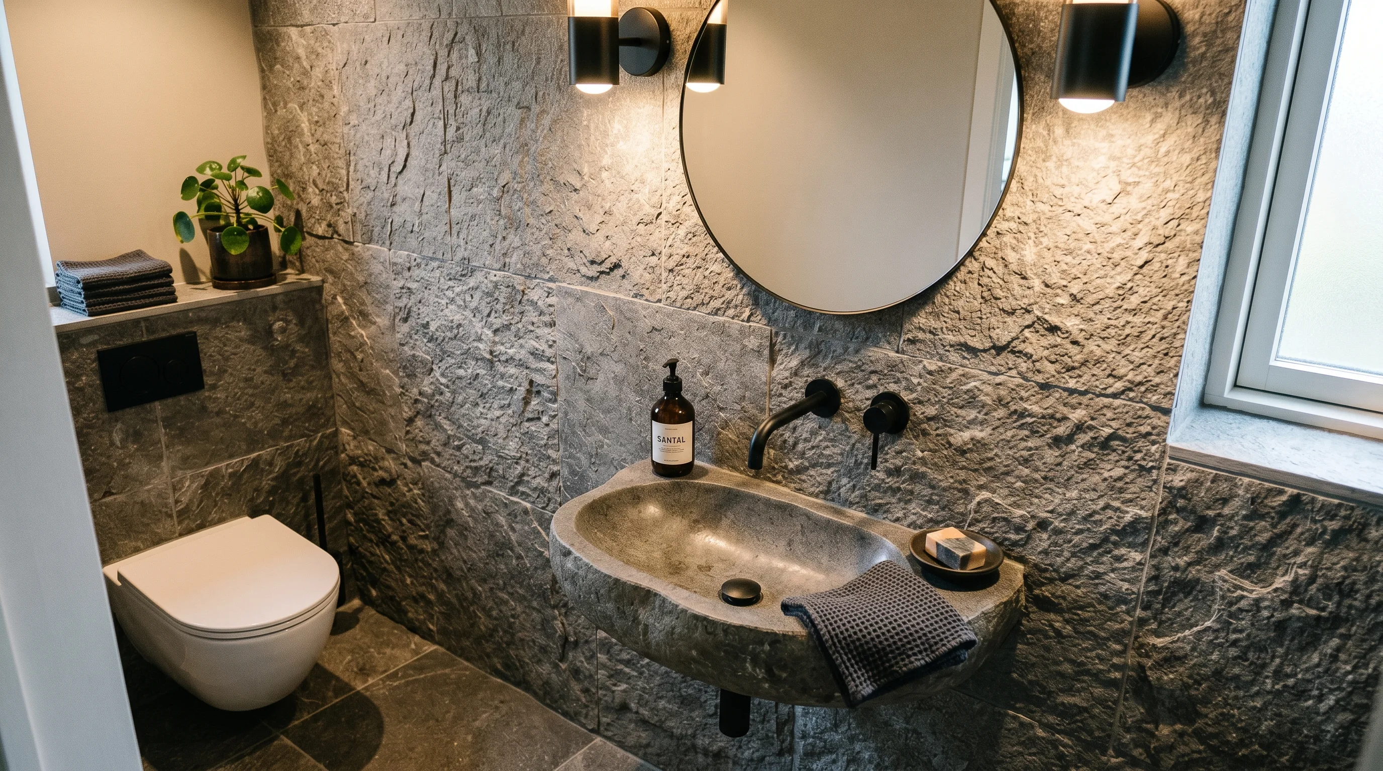 Stone basin showing natural imperfection in bathroom design.