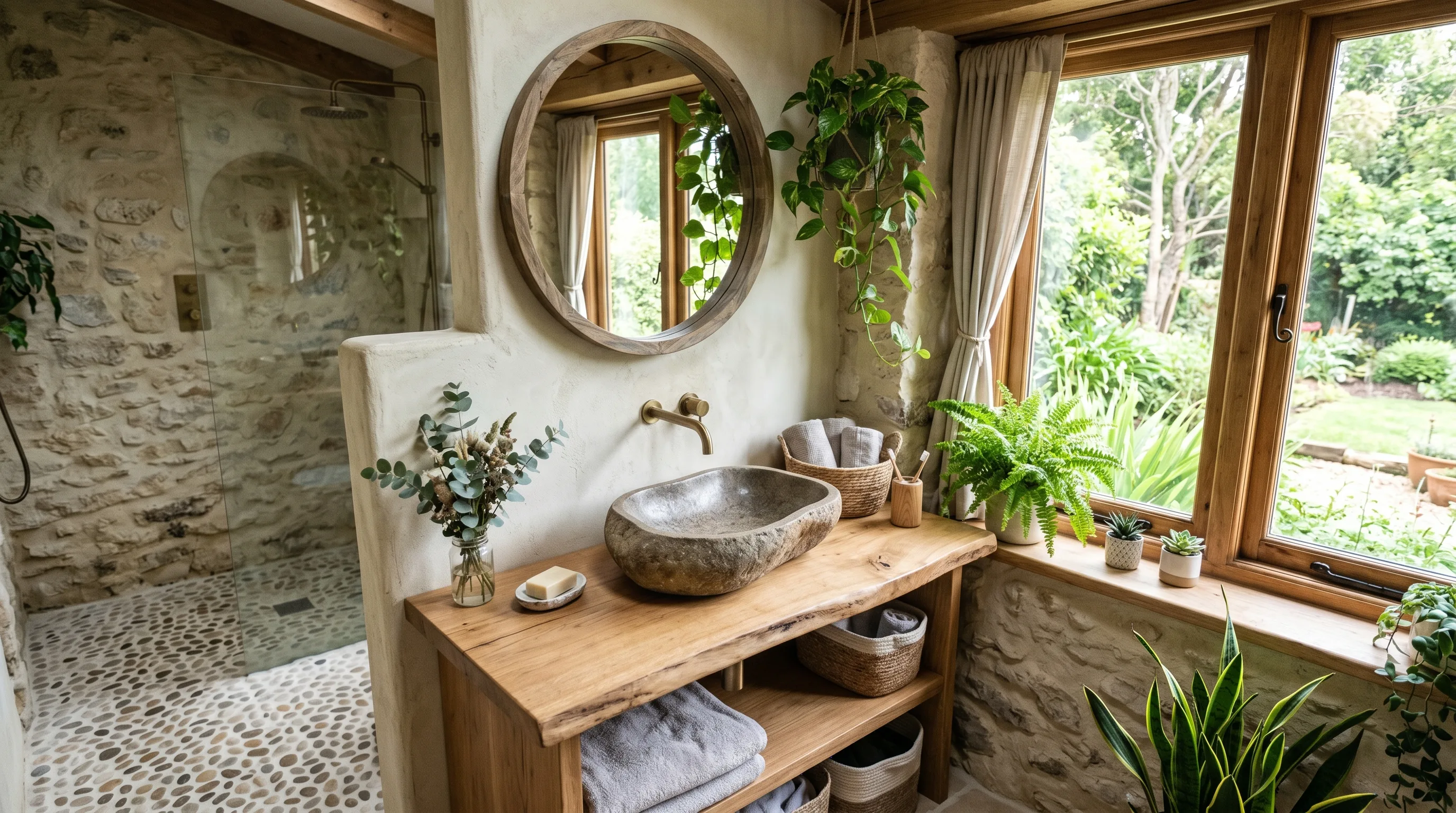 Crafted lasting vanity centered on a sculptural stone basin.