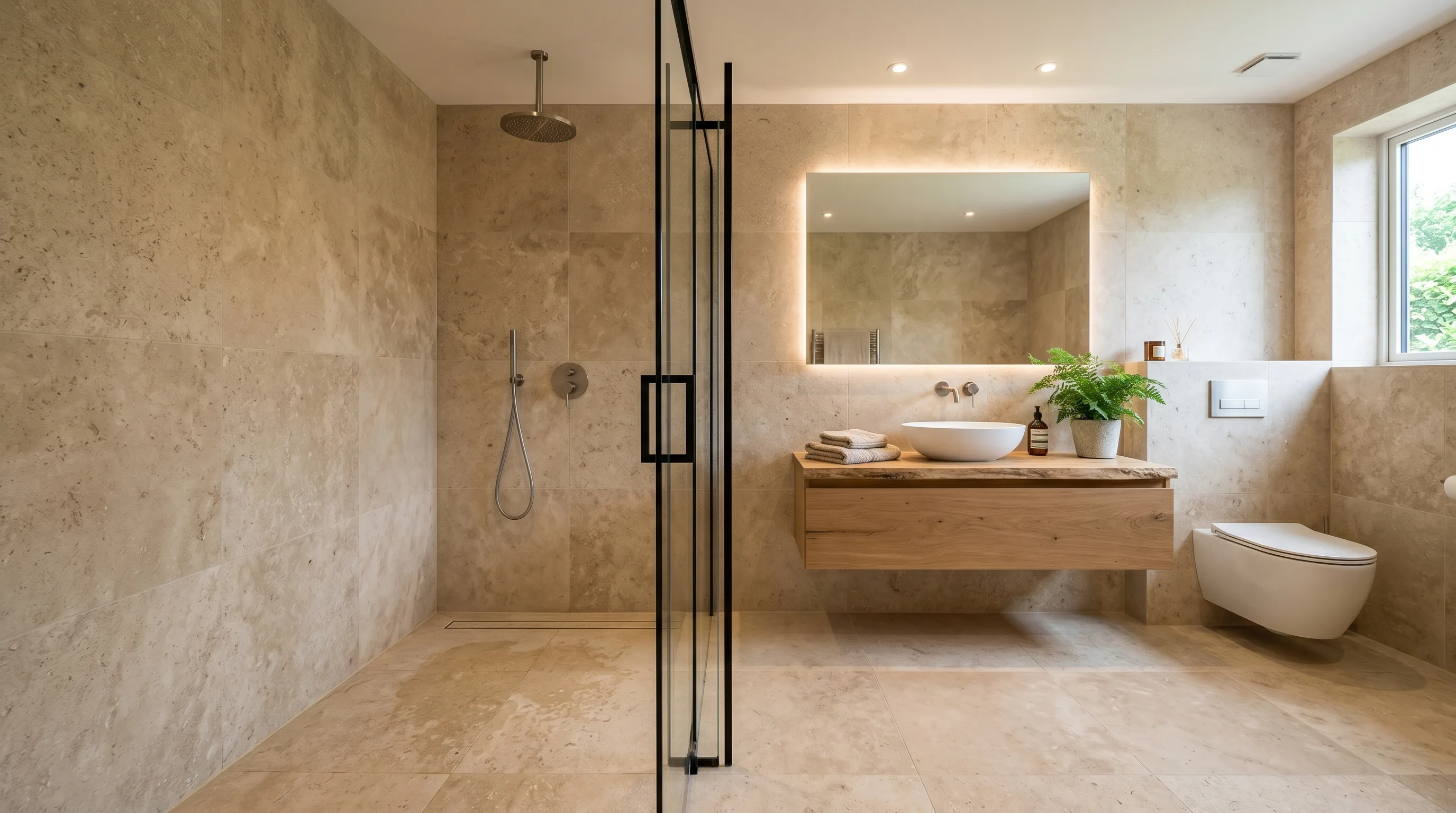 Seamless natural stone tile bathroom designed in wet room style.