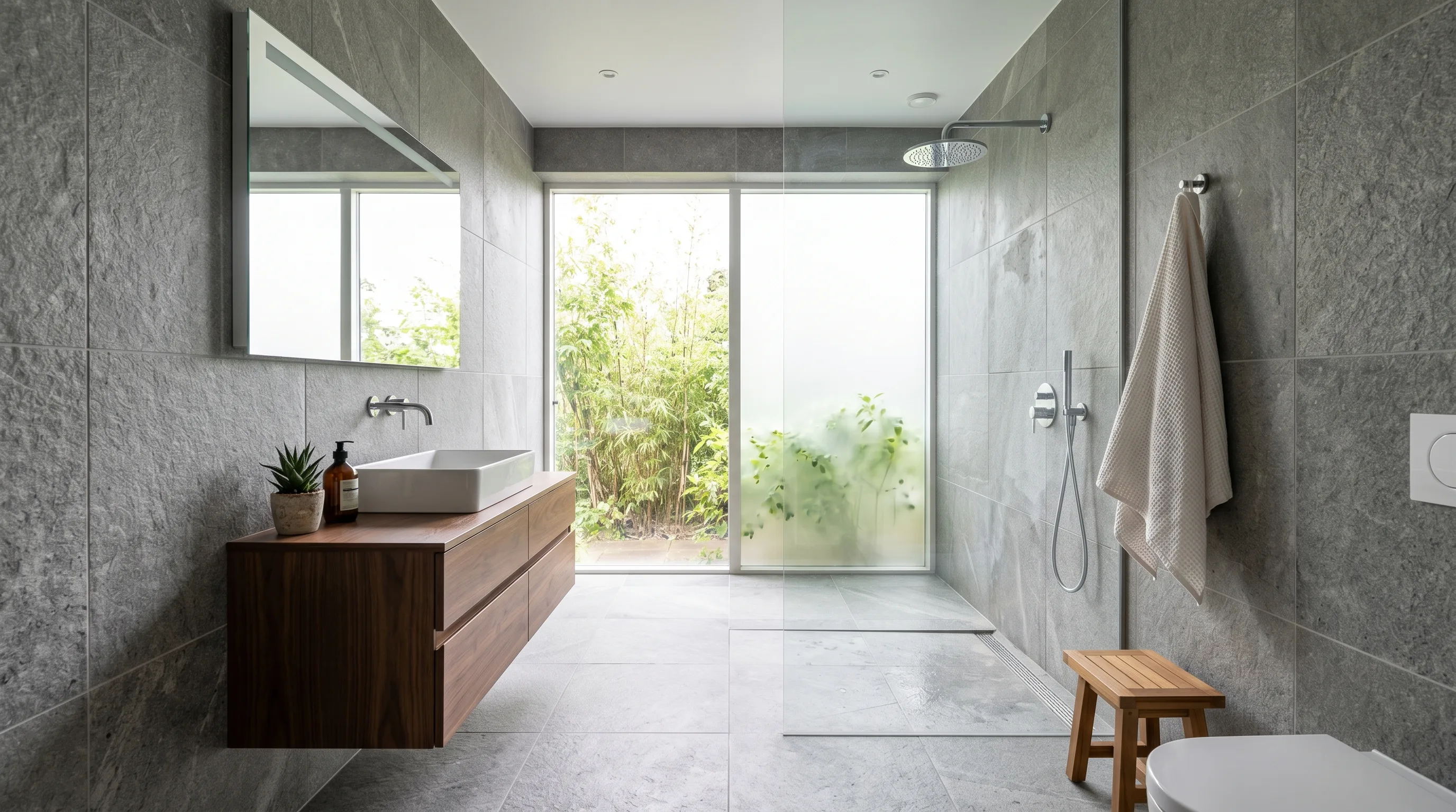 Same natural stone tile used across floor and walls.