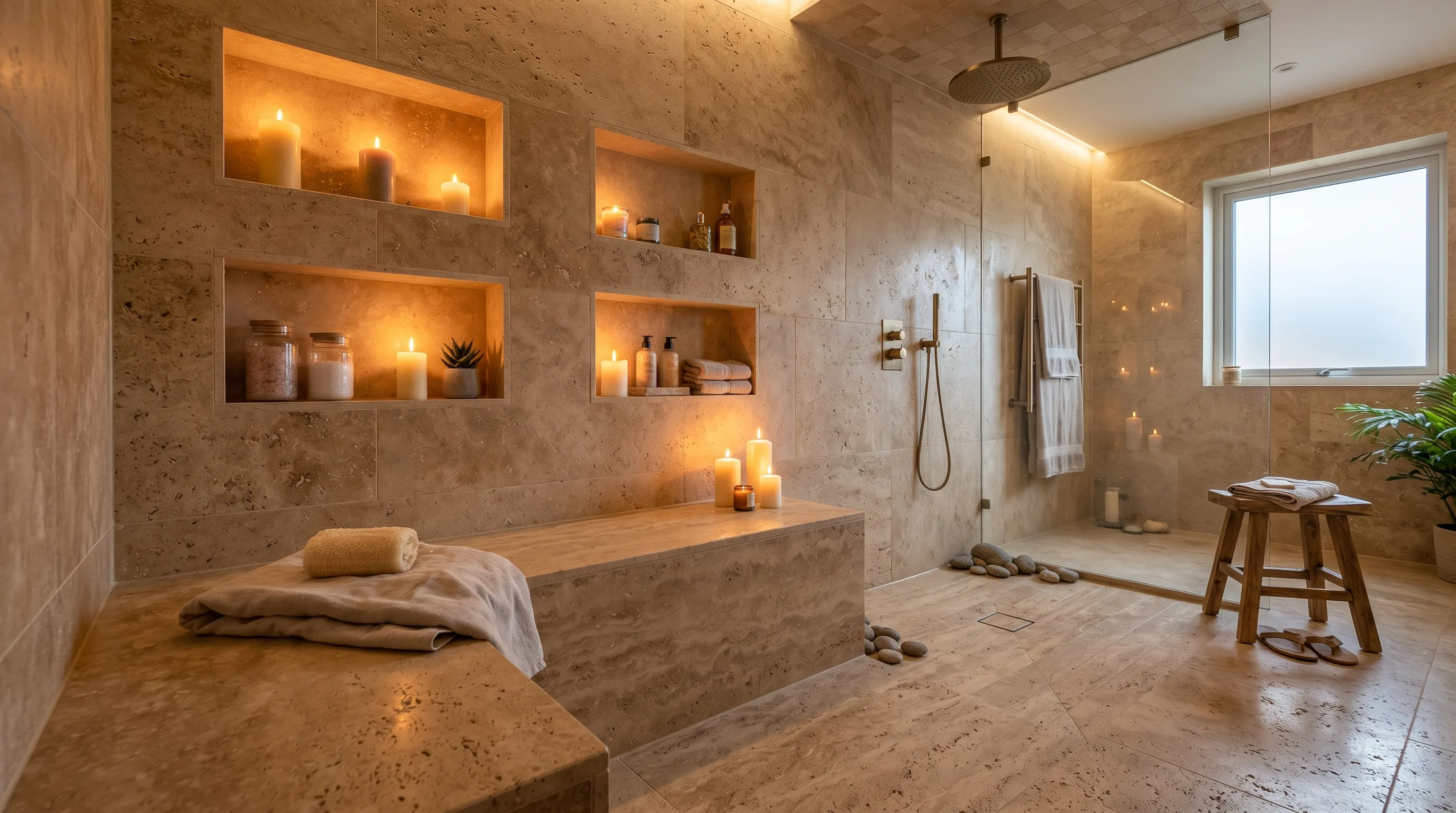 Softly veined natural stone tile in a seamless wet room bathroom.