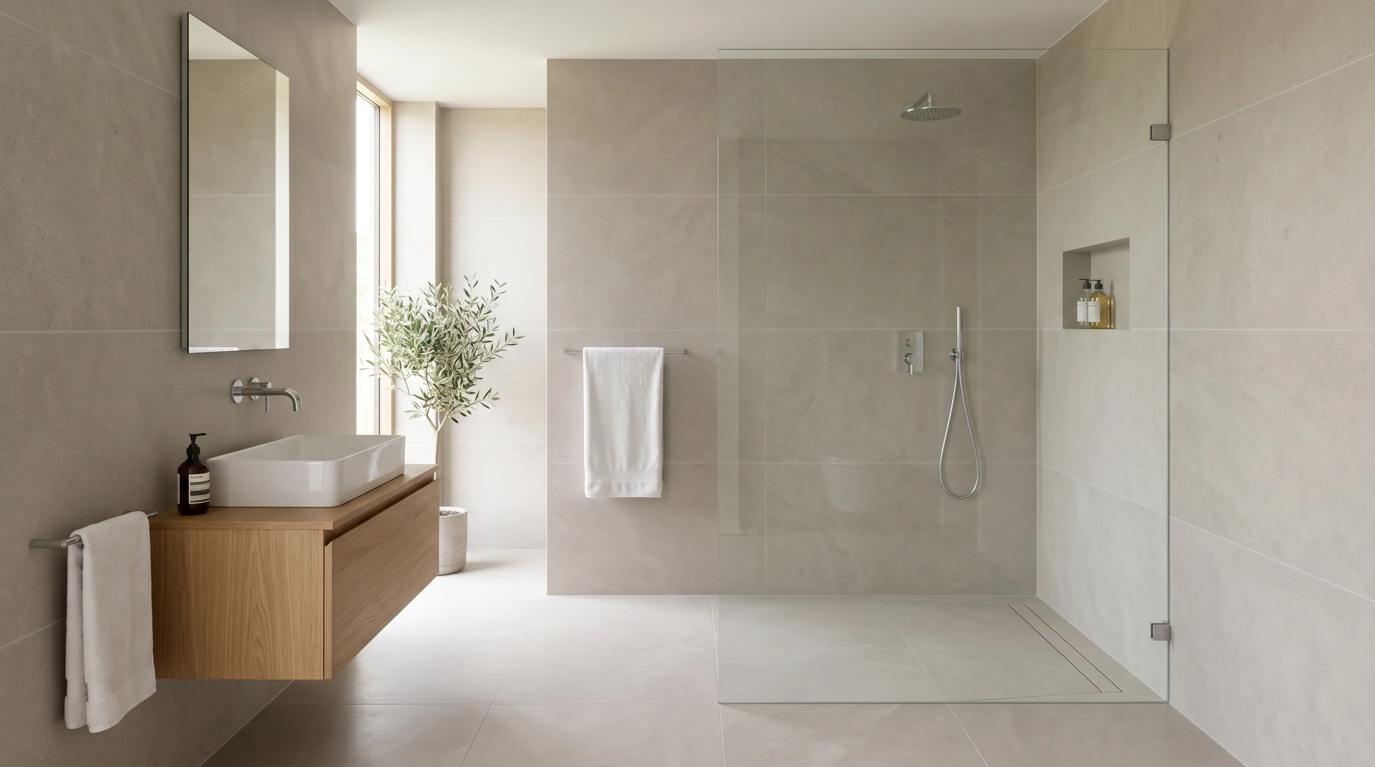 Minimal drain and hardware in a natural stone wet room.