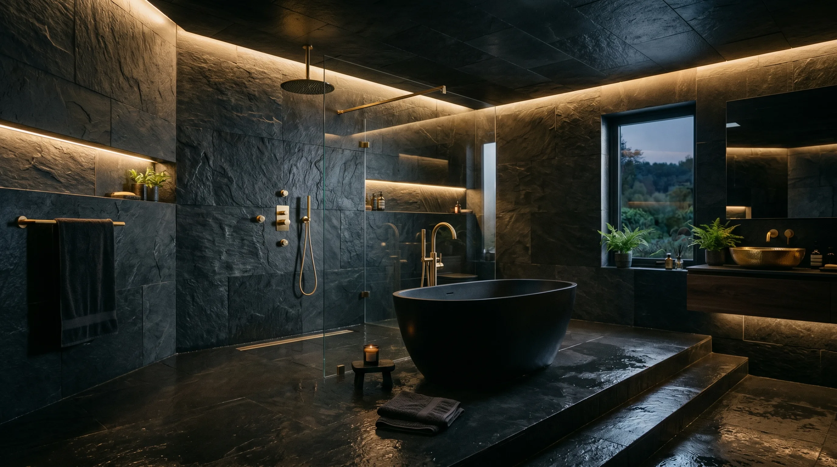 Frameless glass preserving flow in a natural stone wet room.