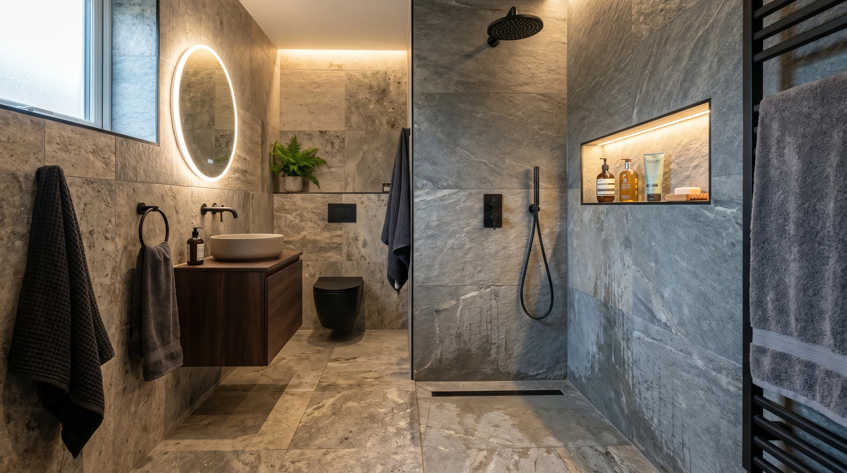 Warm neutrals layered around seamless natural stone tile.