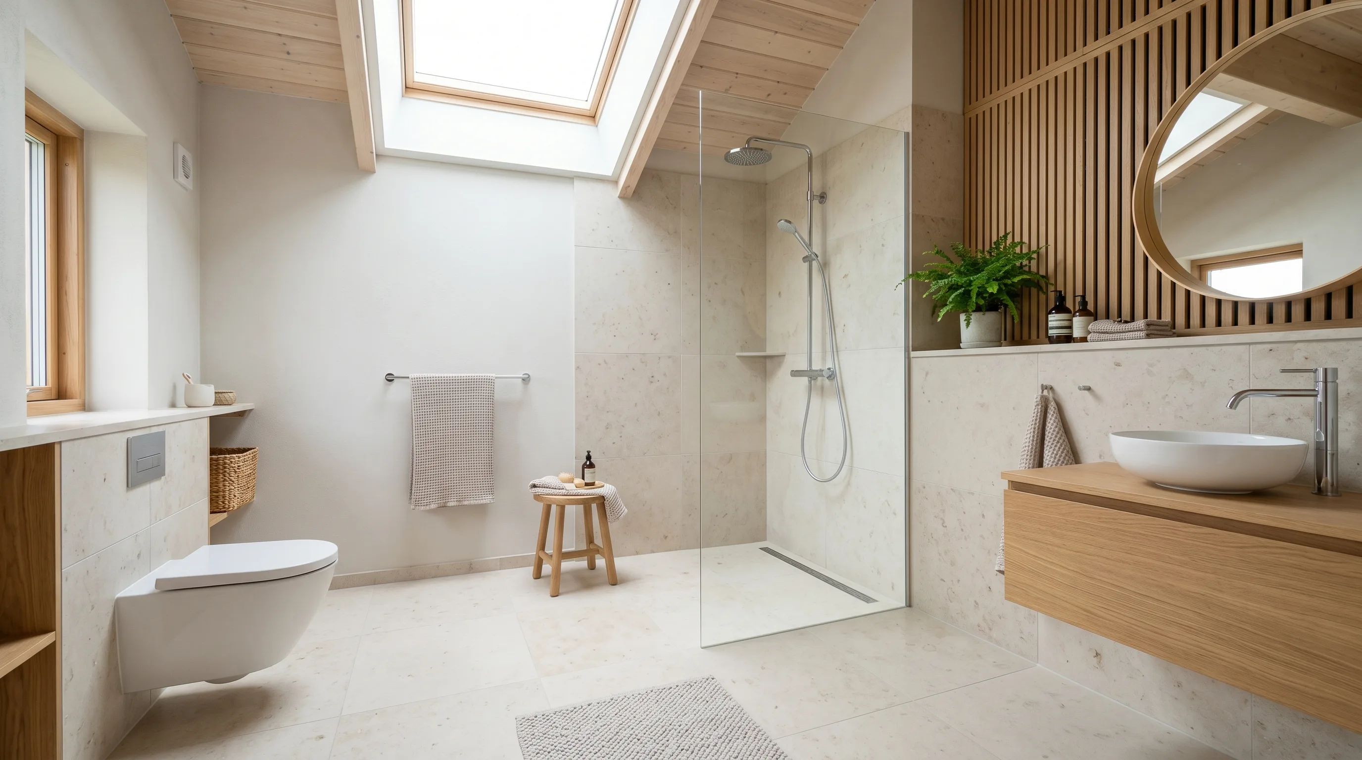 Gentle lighting highlighting texture in a stone tile wet room.