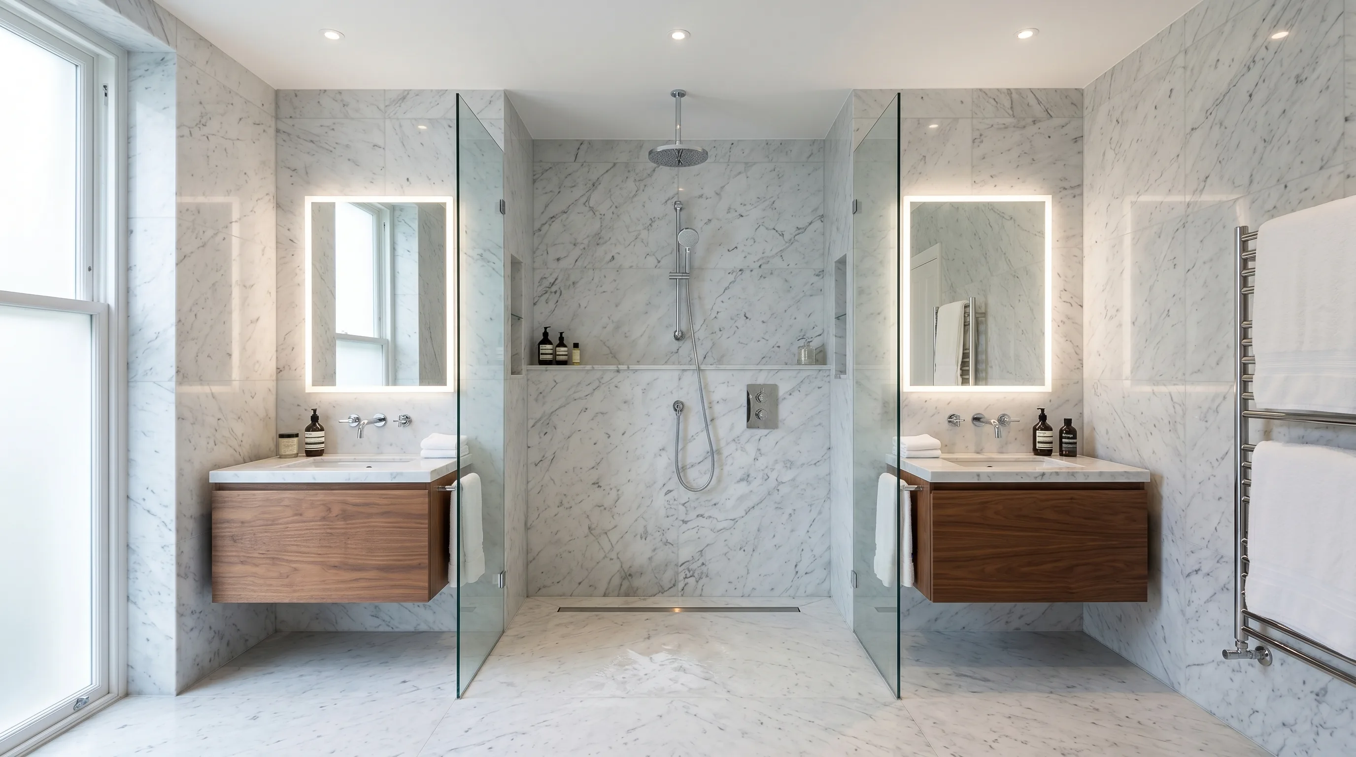 Open unbroken layout in a natural stone wet room bathroom.