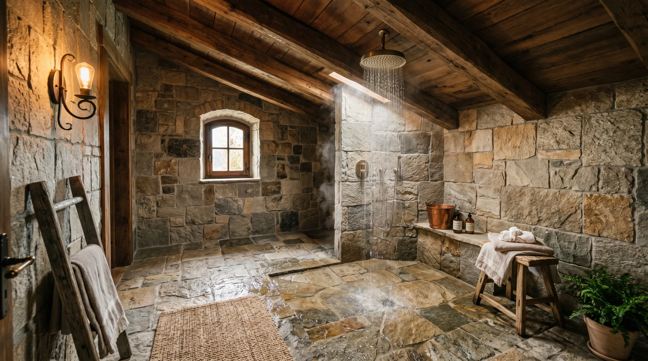 Seamless natural stone bathroom with calm wet room continuity.