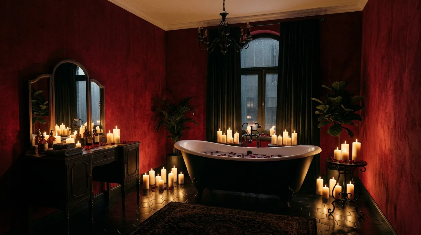 Dark red bathroom with a seductive passionate palette.