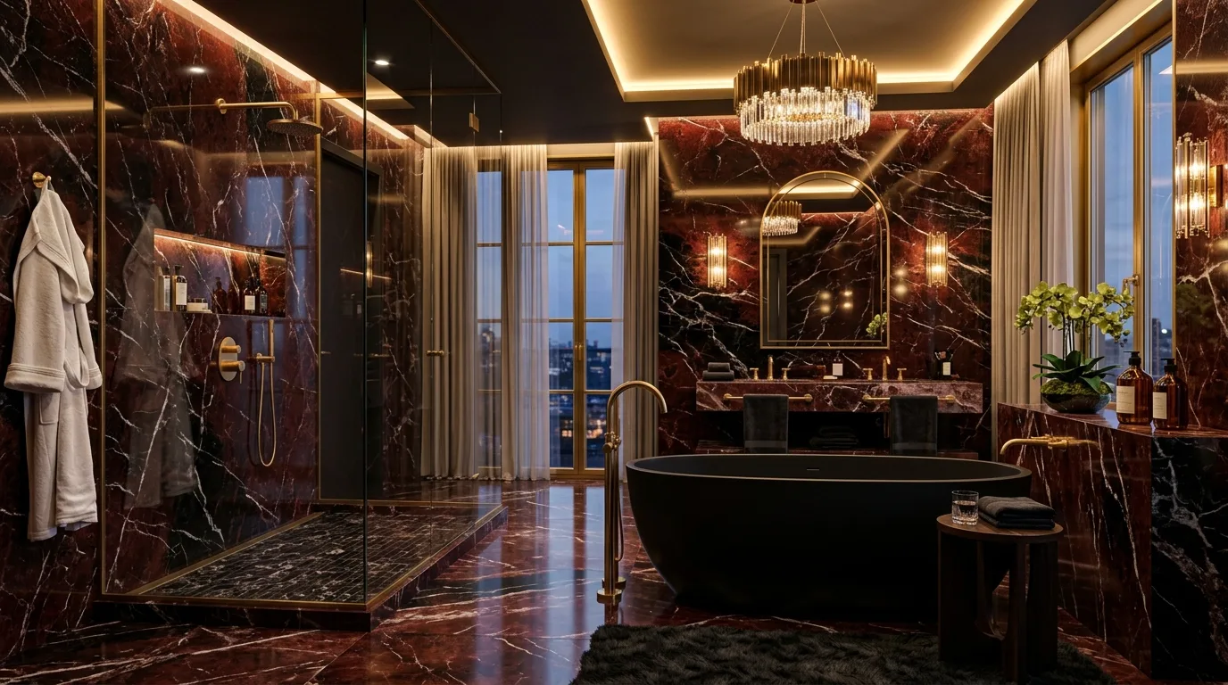 Dark red used on one enveloping bathroom surface.