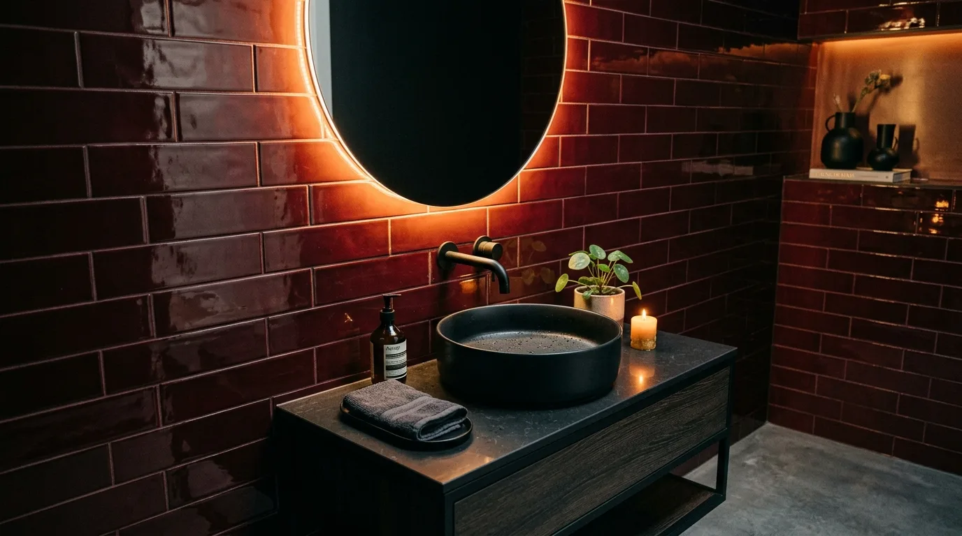 Soft black accents paired with dark red in a bathroom.
