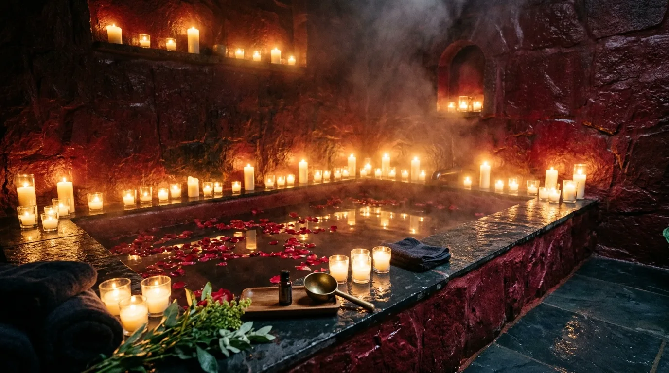 Warm metal details adding depth to a dark red bathroom.