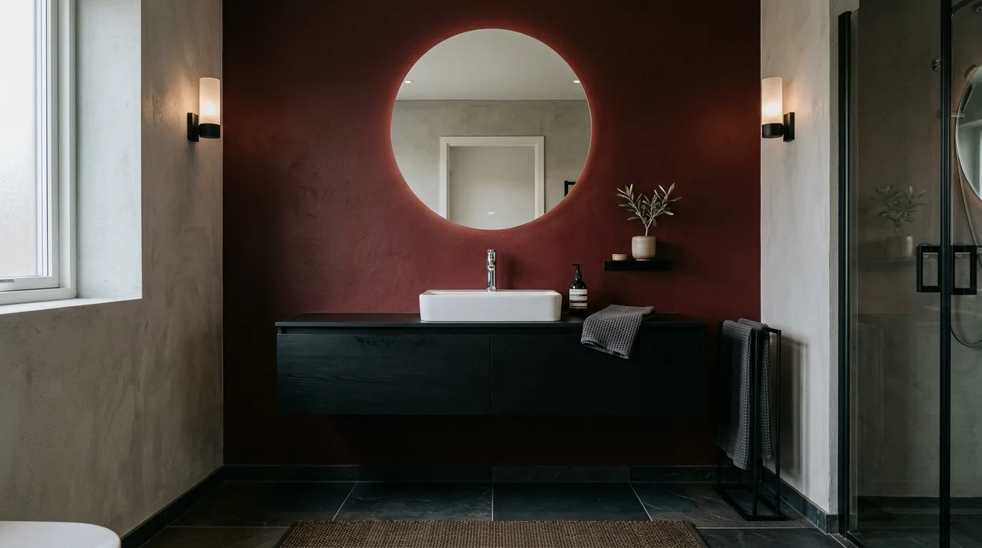 Low flattering lighting in a seductive dark red bathroom.