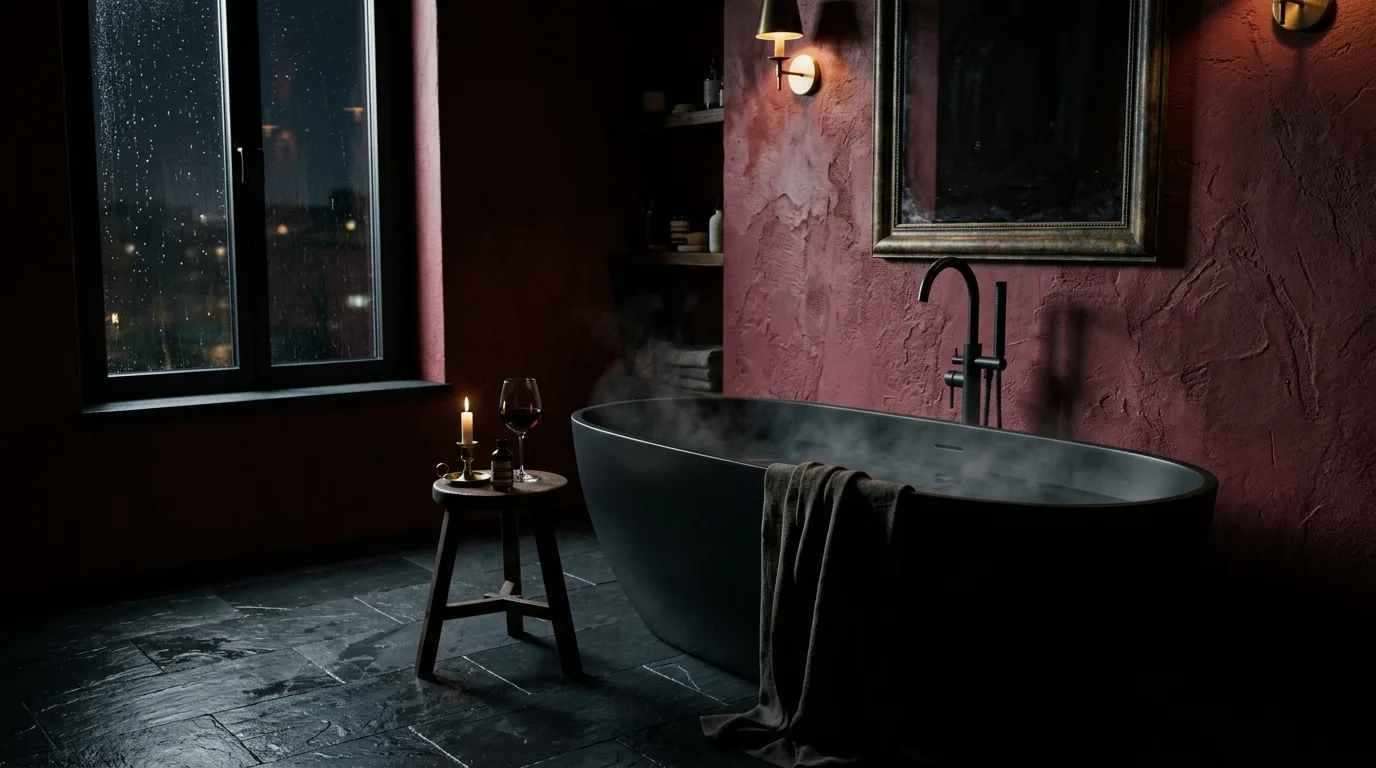 Cream and taupe softening a dark red bathroom palette.