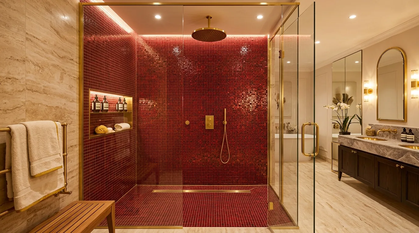 Texture making dark red bathroom color feel more complex.