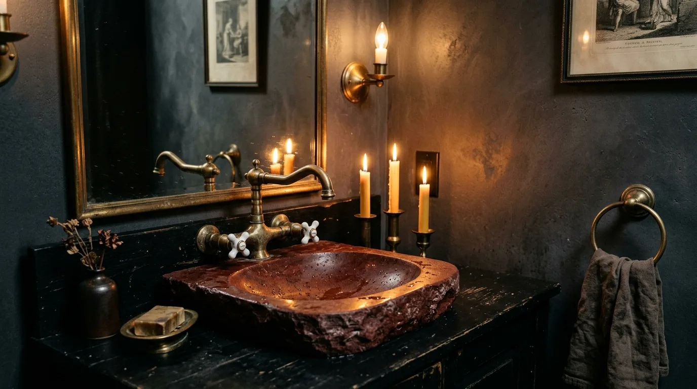 Minimal intentional decor in a dark red bathroom.