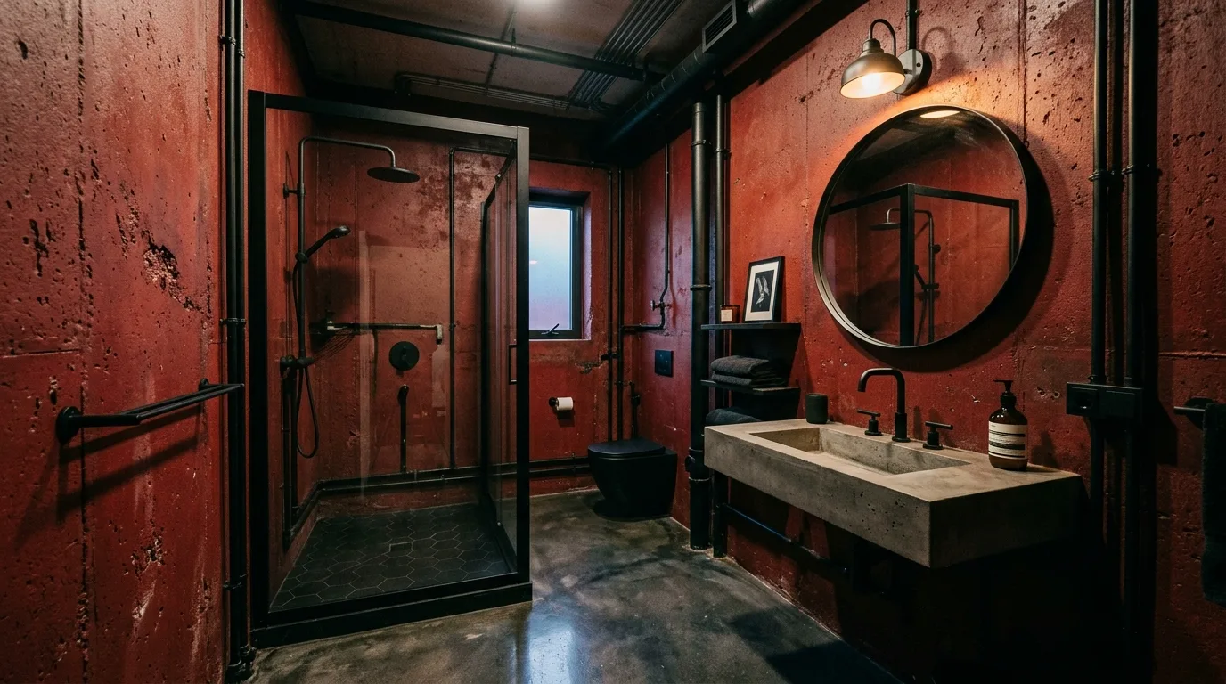 Intimate dark red bathroom with a passionate moody feel.