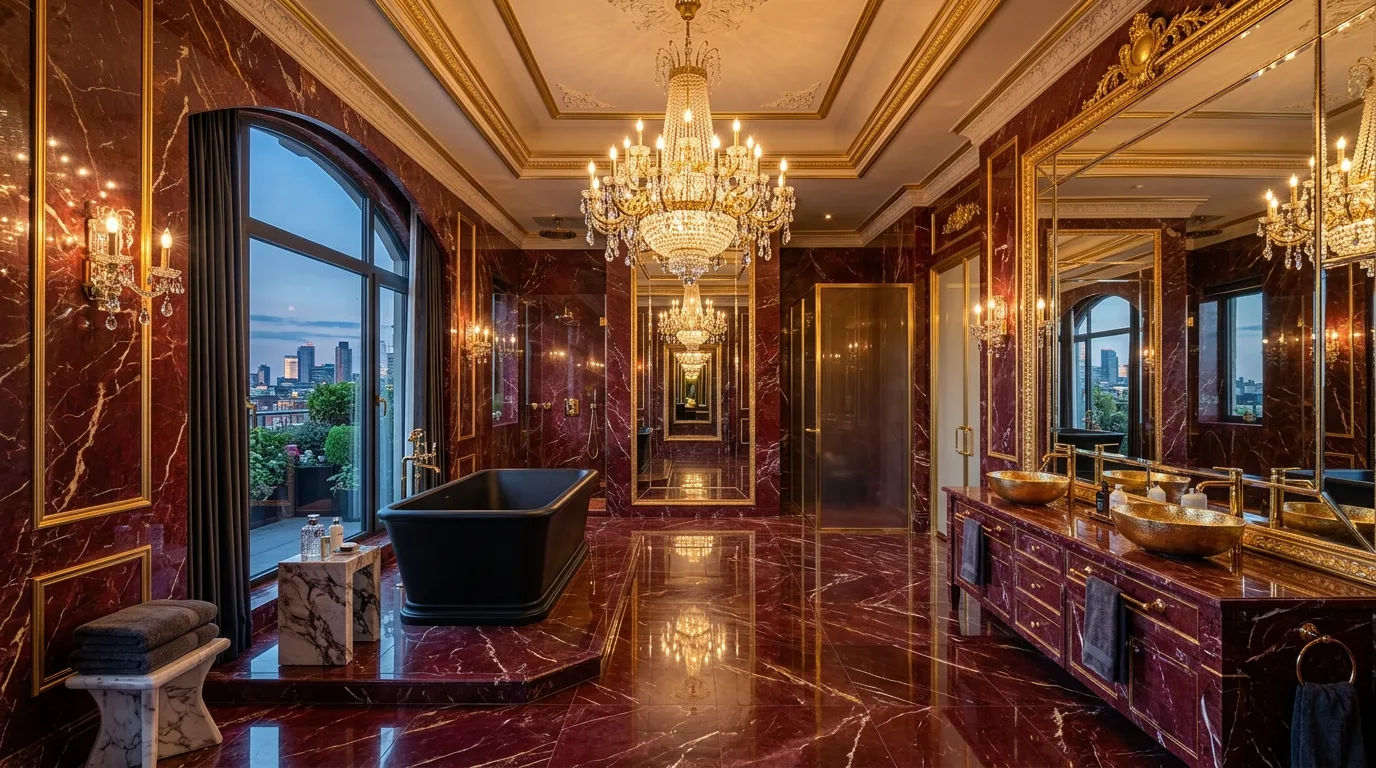 Passionate refined bathroom finished in dark red.