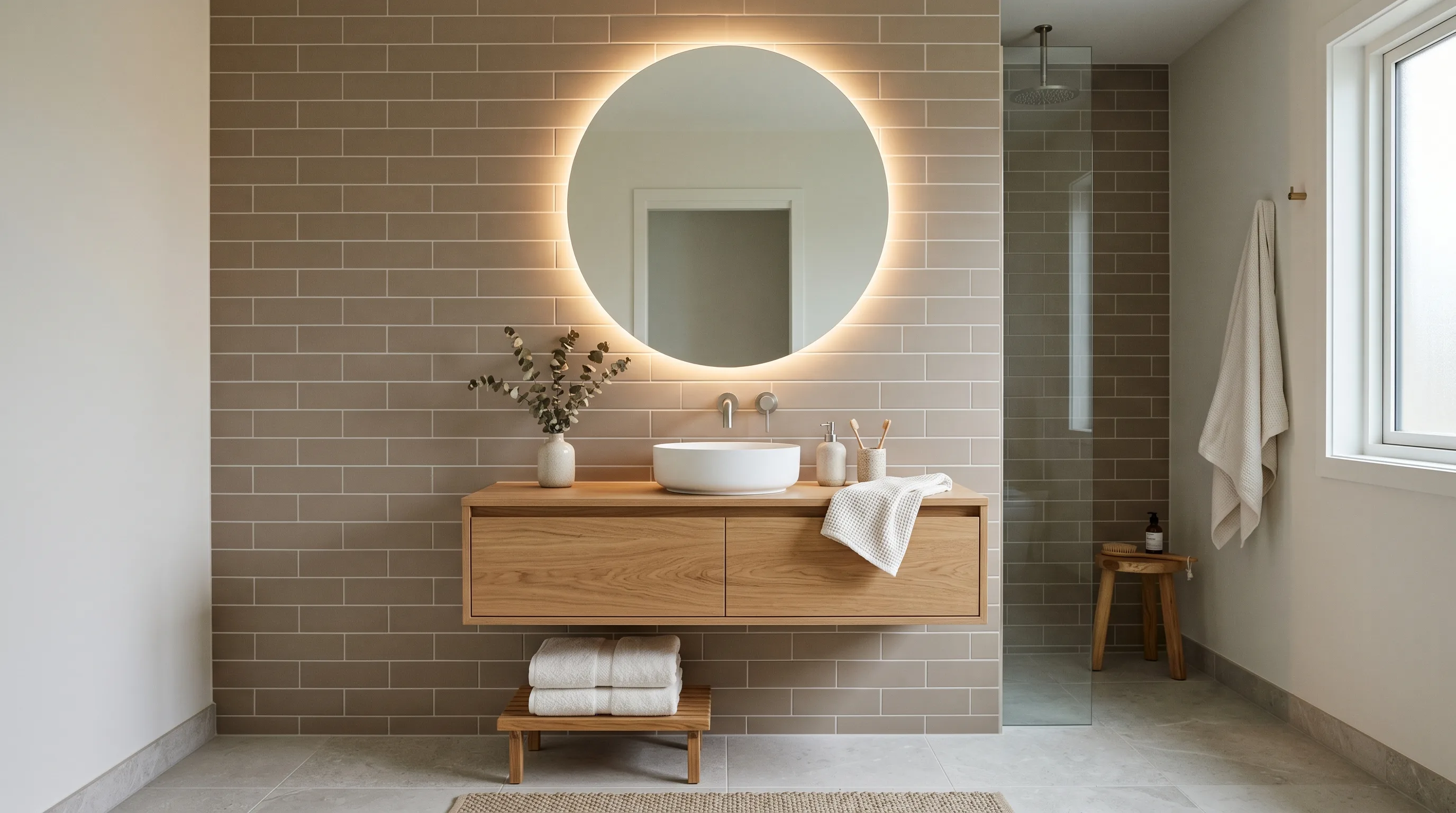 Different taupe tile finishes layered in a serene spa bathroom.