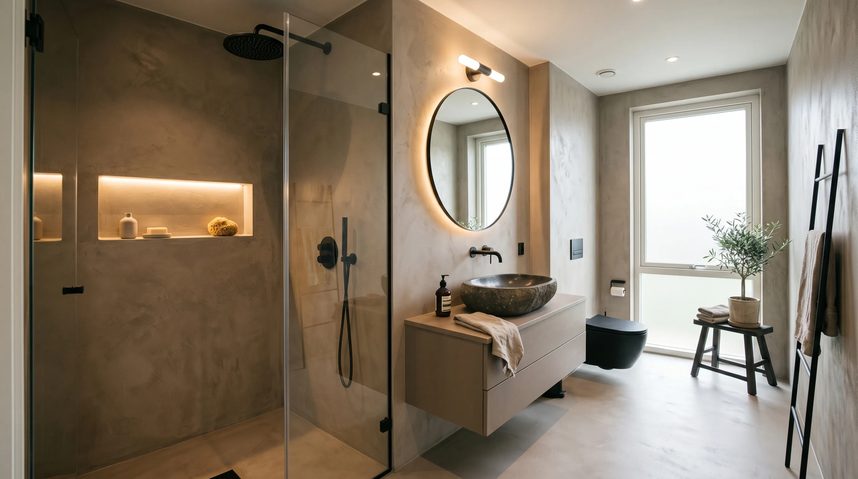 Warm wood balancing taupe tones in a spa-like bathroom.