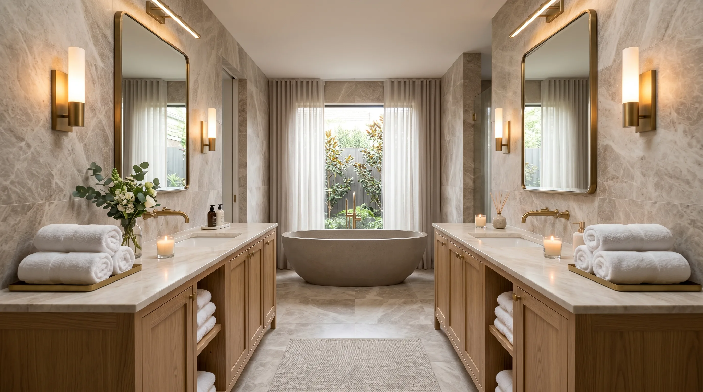 Soft lighting deepening the calm in a taupe spa bathroom.