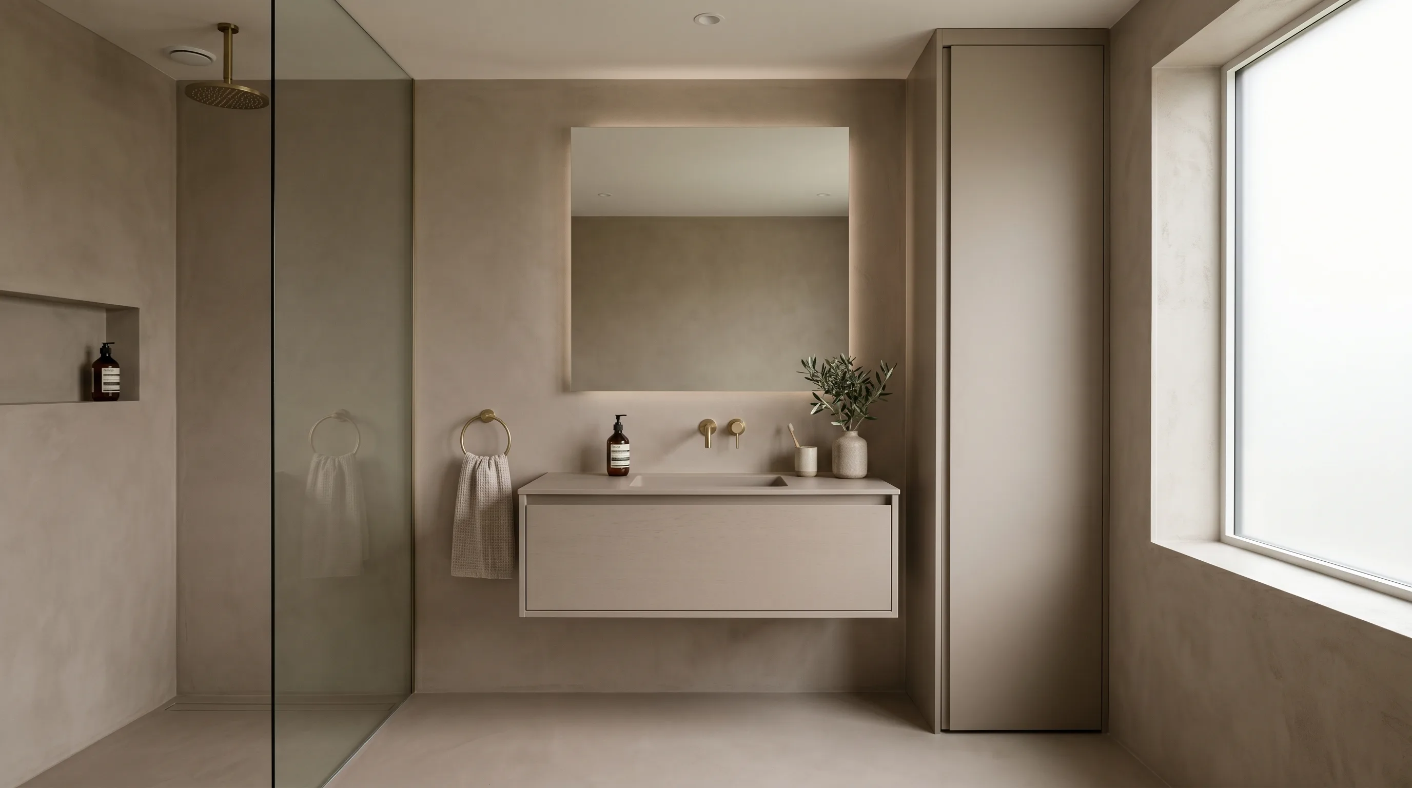 Taupe bathroom paired with stone-look surfaces for a natural spa mood.