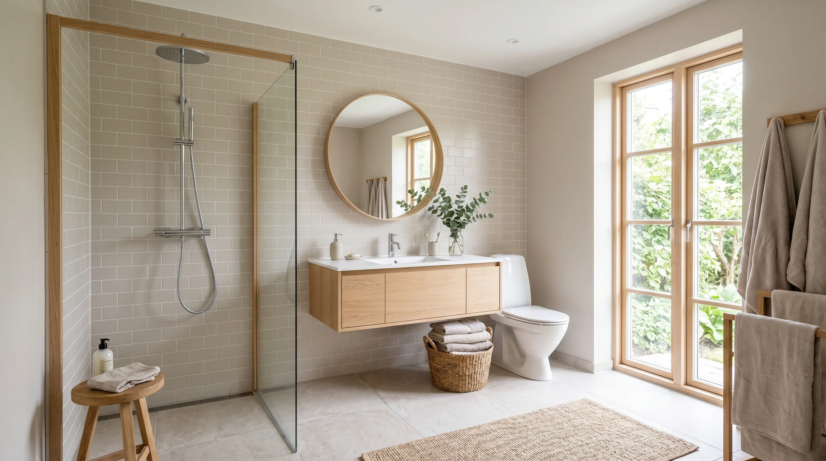 Soft elegant hardware in a taupe bathroom retreat.