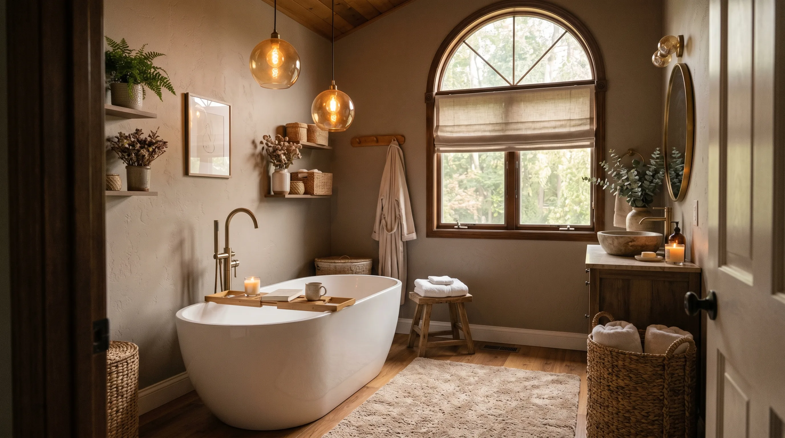Plush white towels against taupe walls in a serene bathroom.