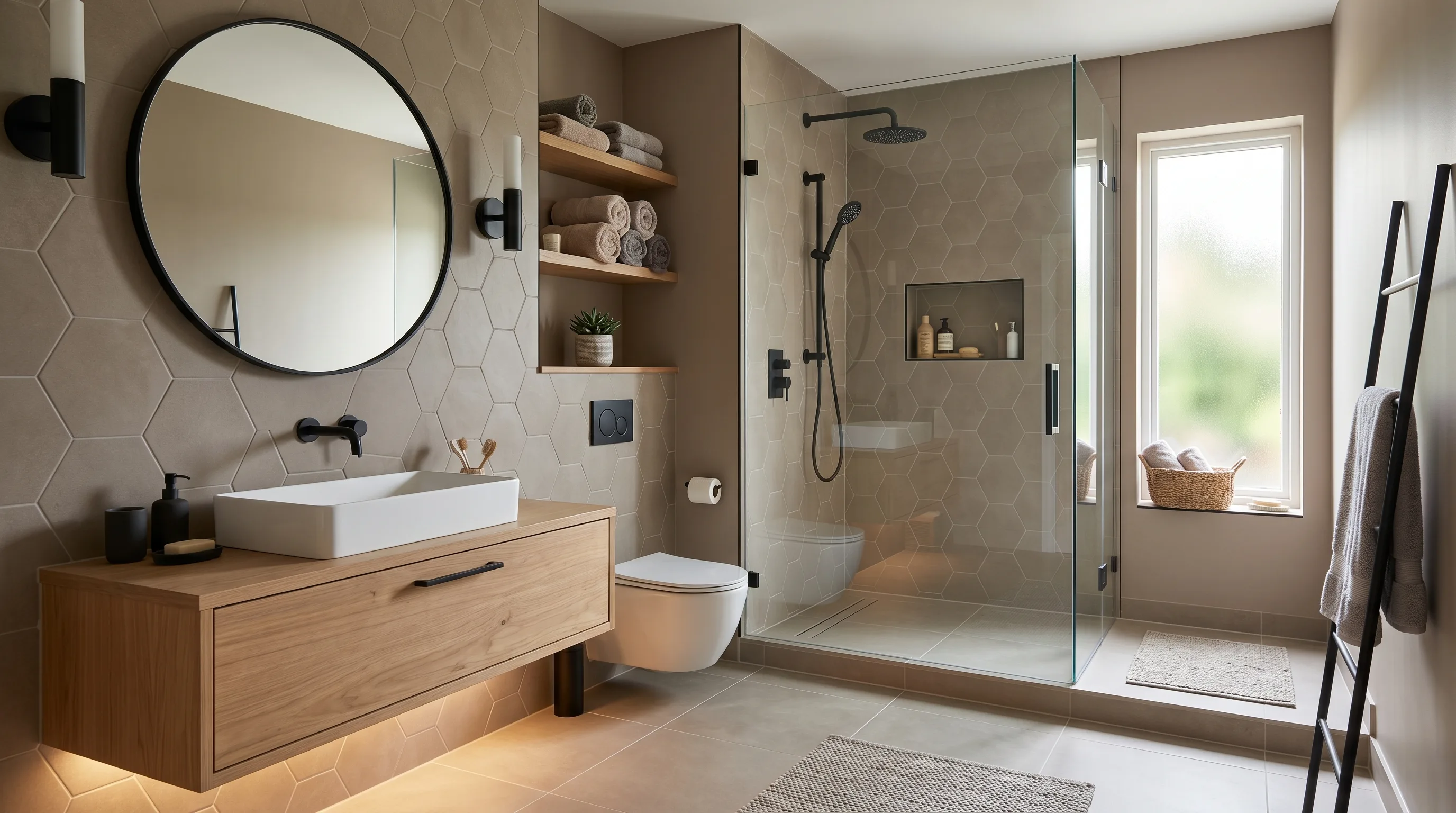 Curved shapes softening a serene taupe bathroom.