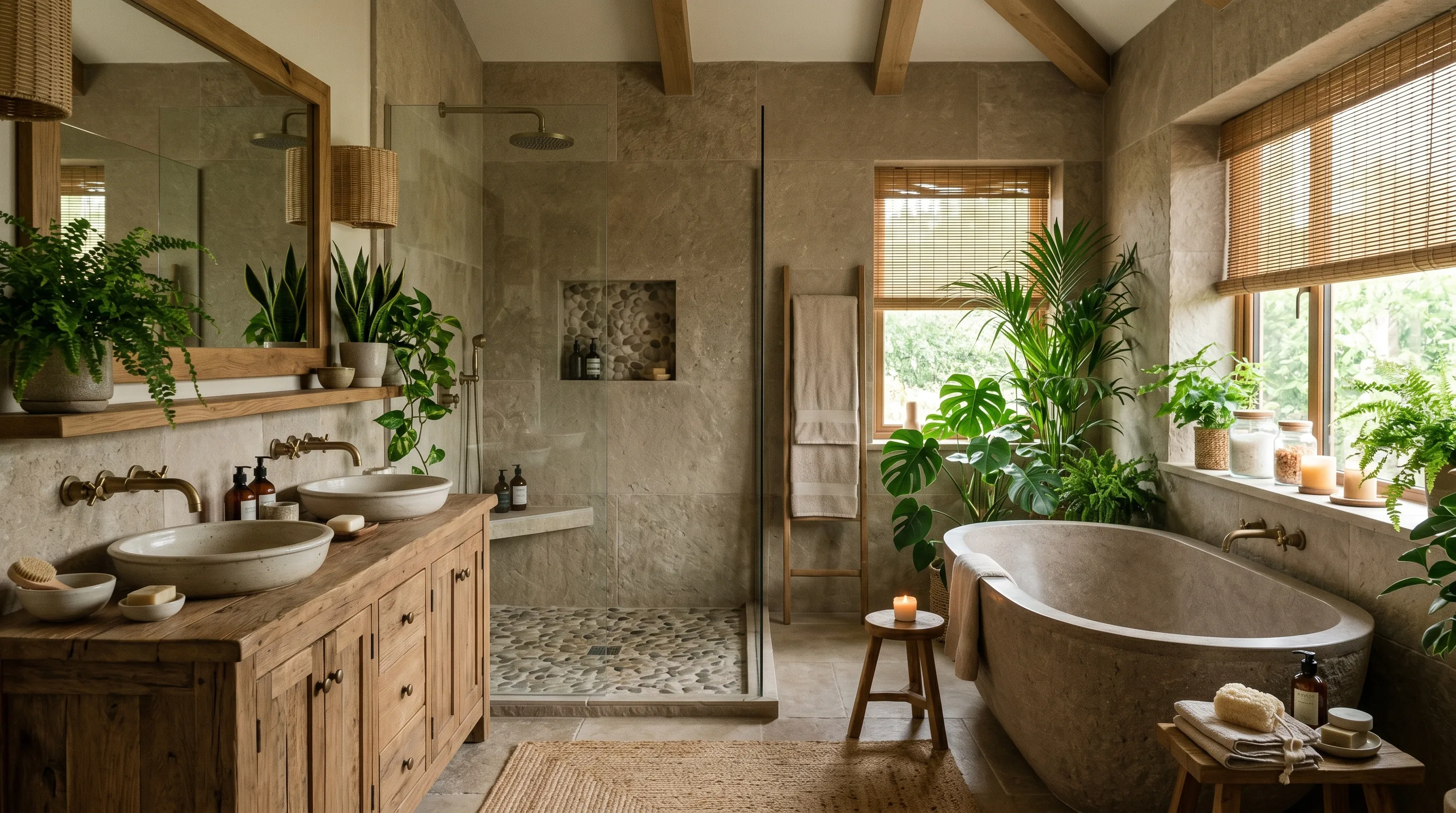 Taupe carrying the main color story in a spa-like bathroom.