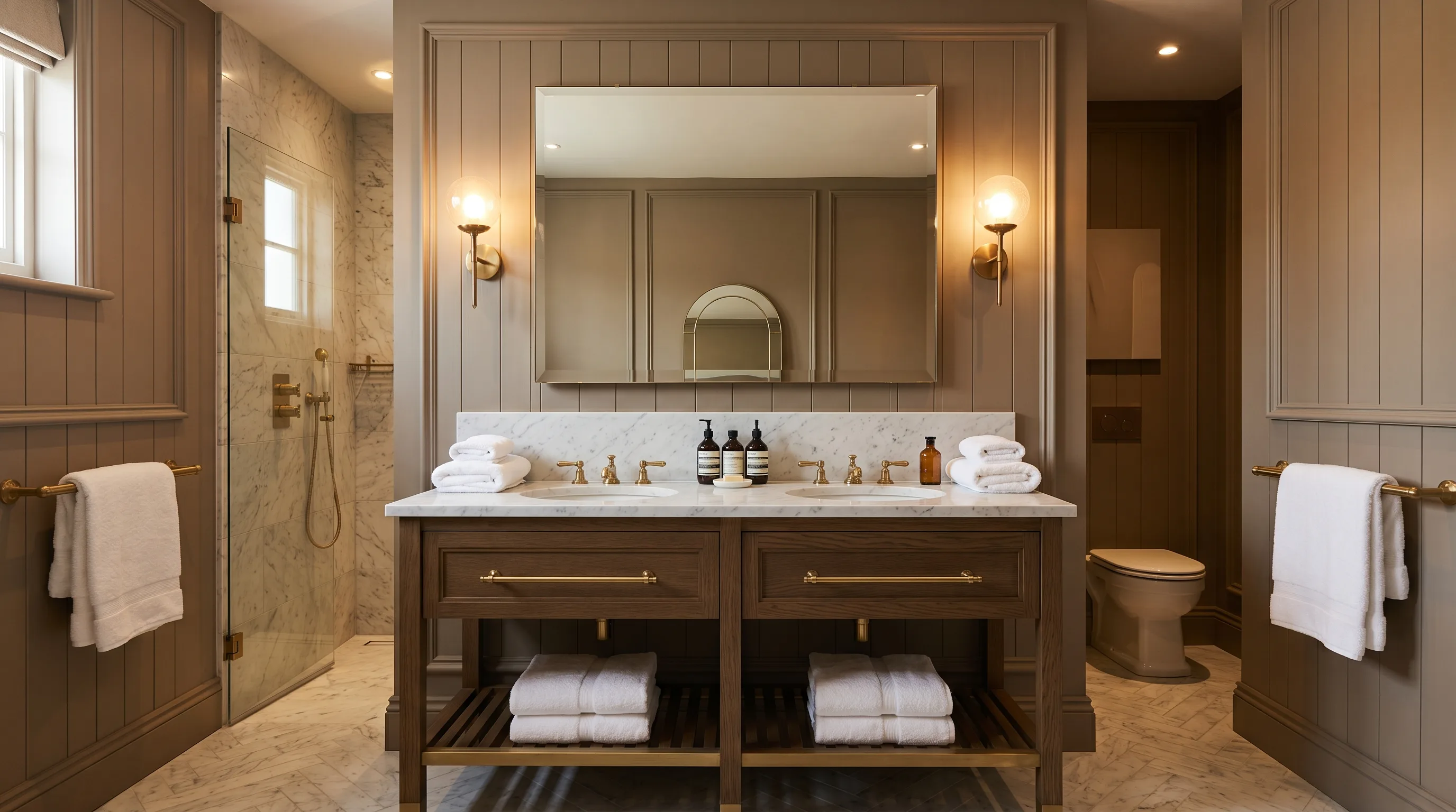 Natural accessories styled with restraint in a taupe bathroom.