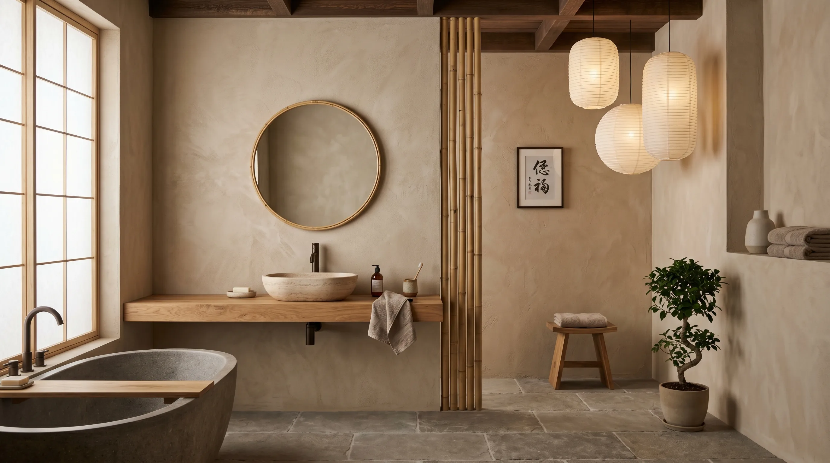 Glass and open surfaces keeping a taupe bathroom airy and calm.