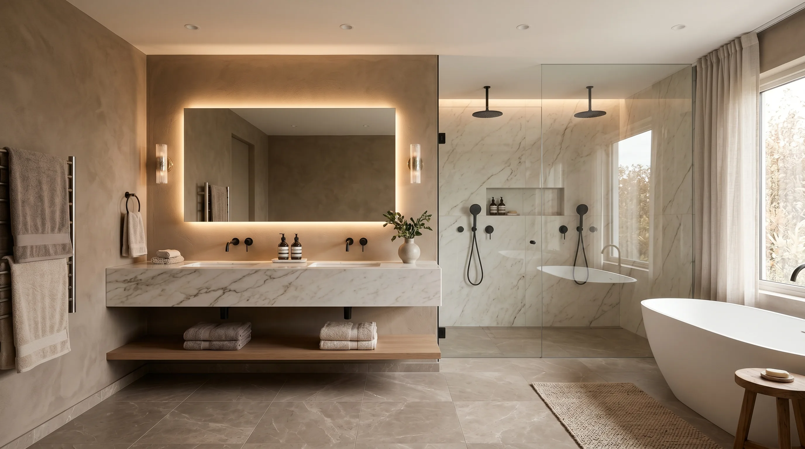 Taupe bathroom that feels quietly restorative and spa-like.