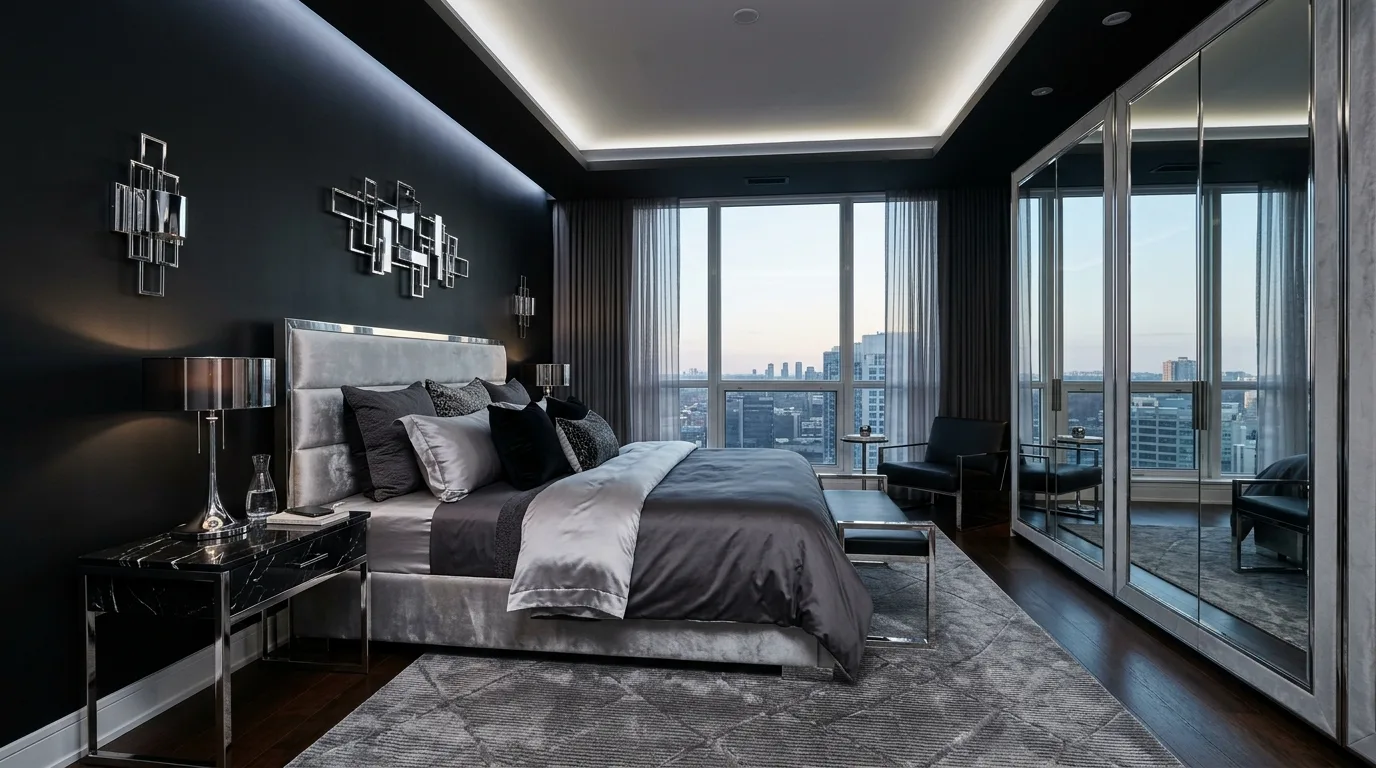 Sleek black and silver bedroom with cool modern edge and polished contrast.